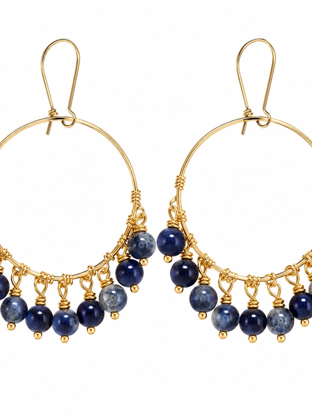 Gold Hoop Earrings with Blue Bead Dangles